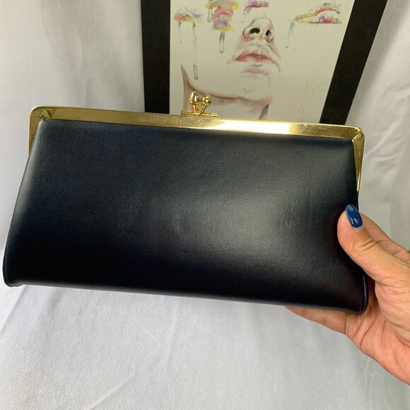 Vtg Dark Blue Clutch Purse with handle - Picture 5 of 16